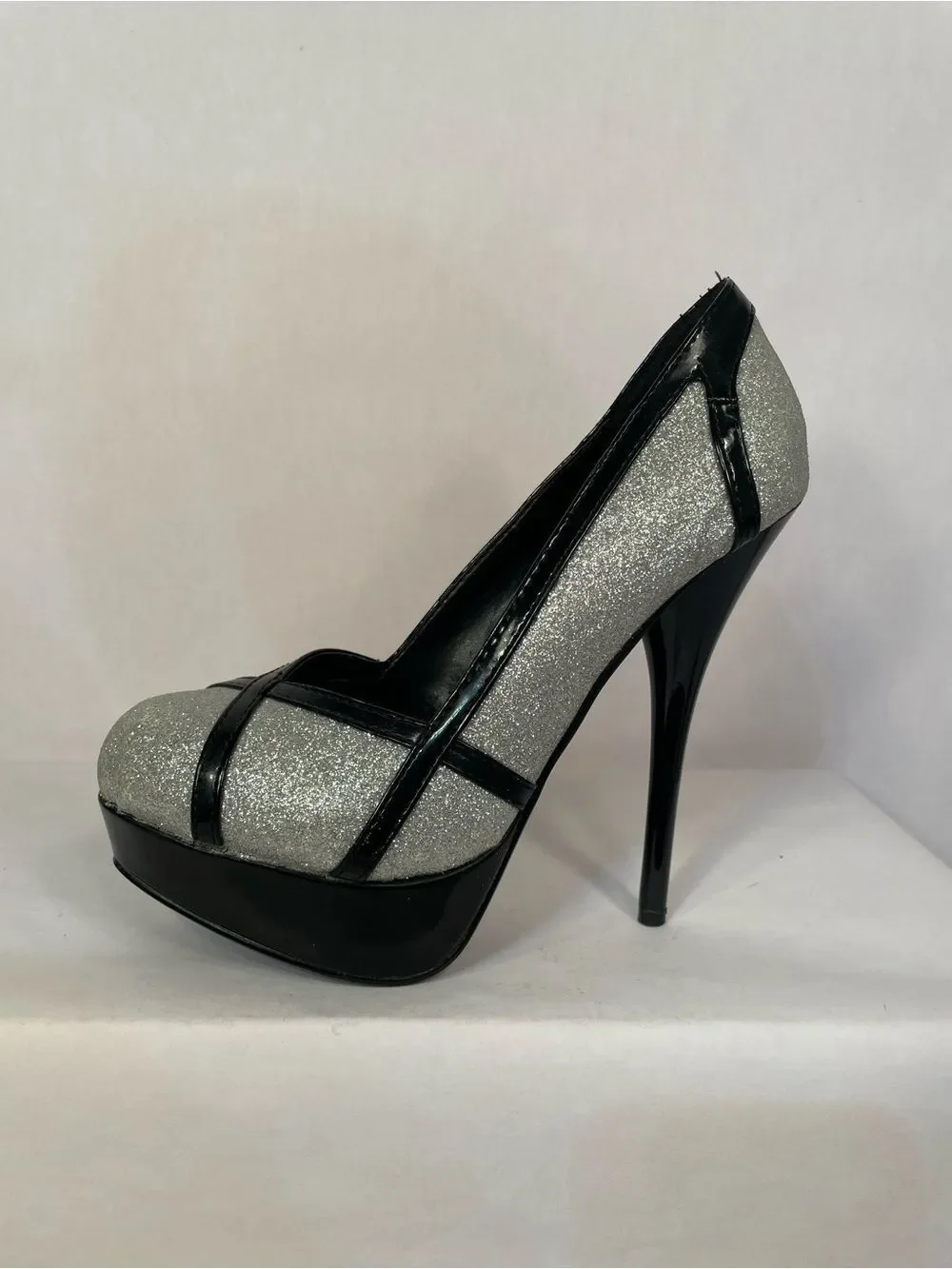 Black and Silver Glitter Platform Stiletto Pumps